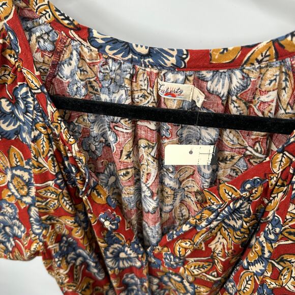 FAHERTY NWT Carmel Linen Blend Tie Waist Red Floral Button Down Midi Dress // M - Picture 9 of 16